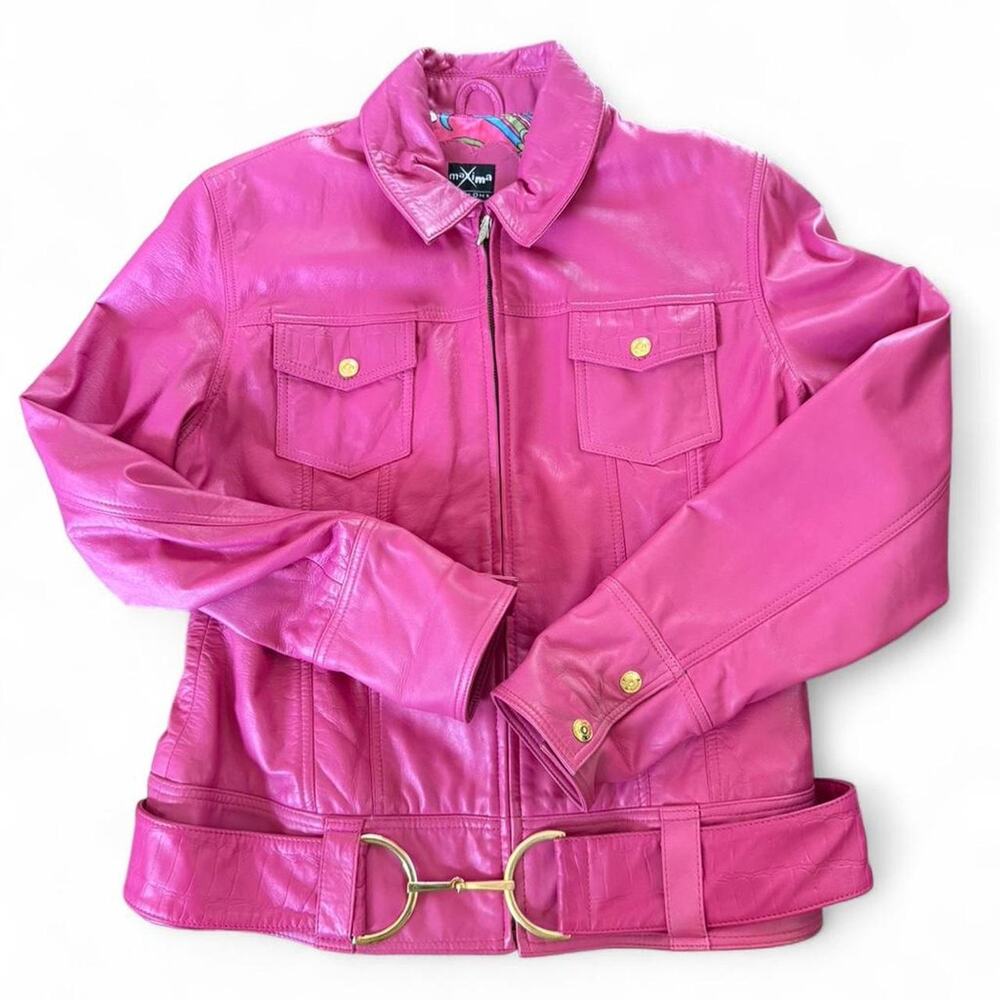 Y2K Vintage Wilsons Fuschia Pink Leather Maxima Jacket Women L Scarf Print Lined